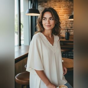 New York & Company Cream 3/4 Sleeve Embellished Tunic Size Medium